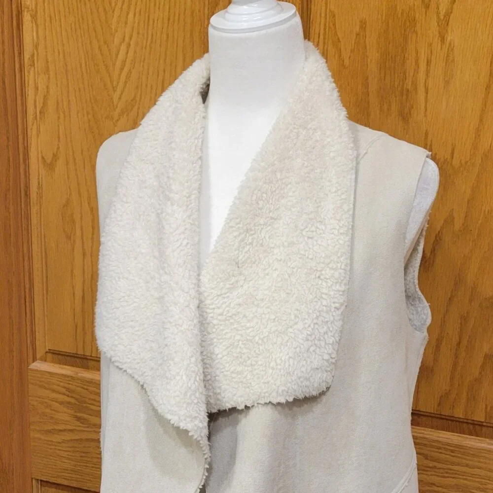 Faux Suede Sherpa Fleece Lined Boho Waterfall Open Front Vest with Pockets